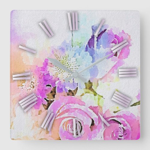 Artistic Pastel Watercolor Floral Spring Bouquet  Square Wall Clock