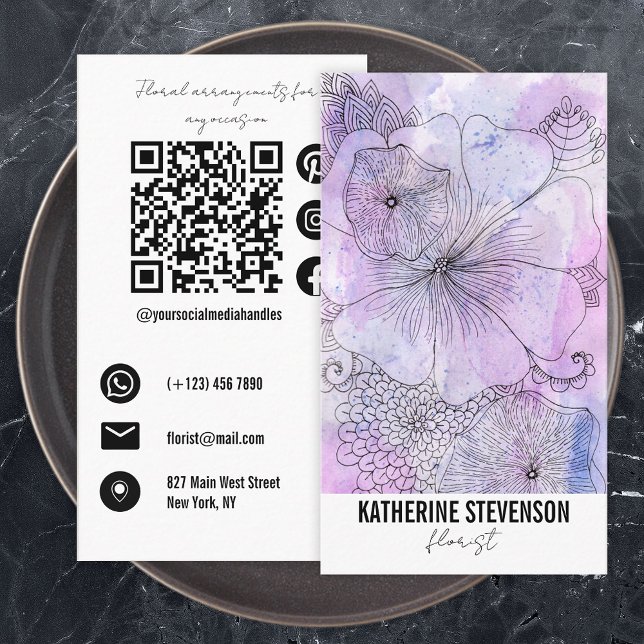 Artistic Pastel Watercolor Line Art Florist Business Card (Creator Uploaded)