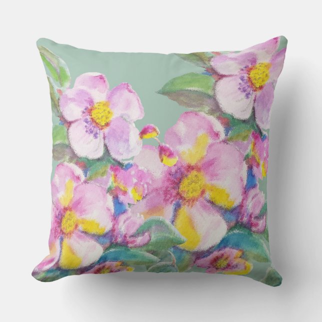 Artistic Peach Flowers Watercolor Personalized Throw Pillow (Front)