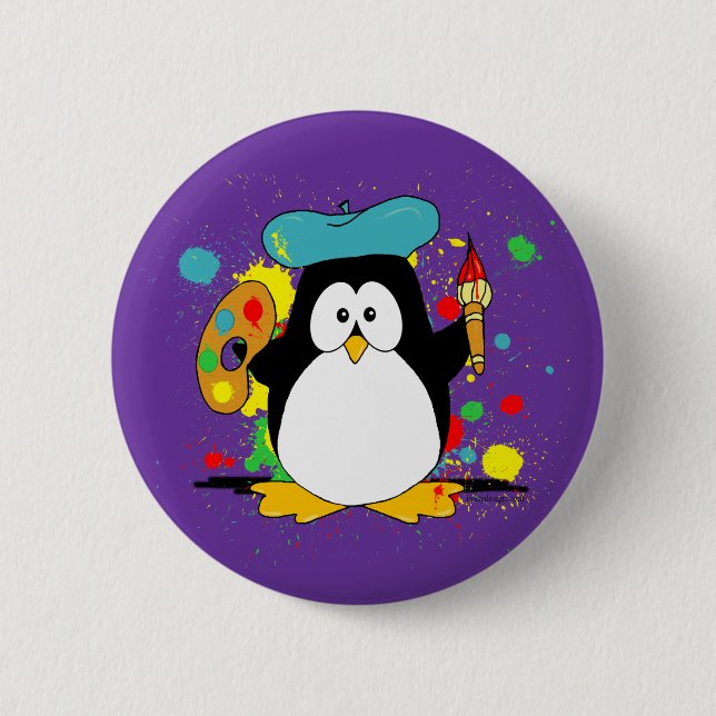 Artistic Penguin Cartoon Button (Front)