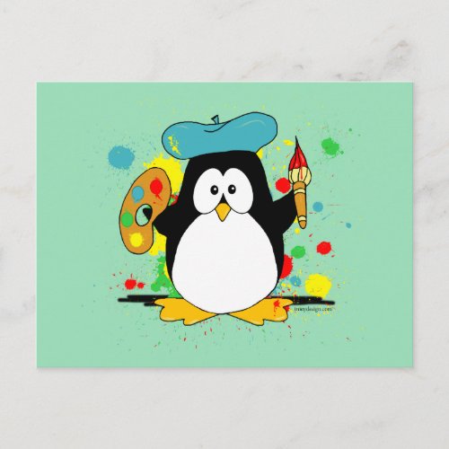 Artistic Penguin Green Postcard