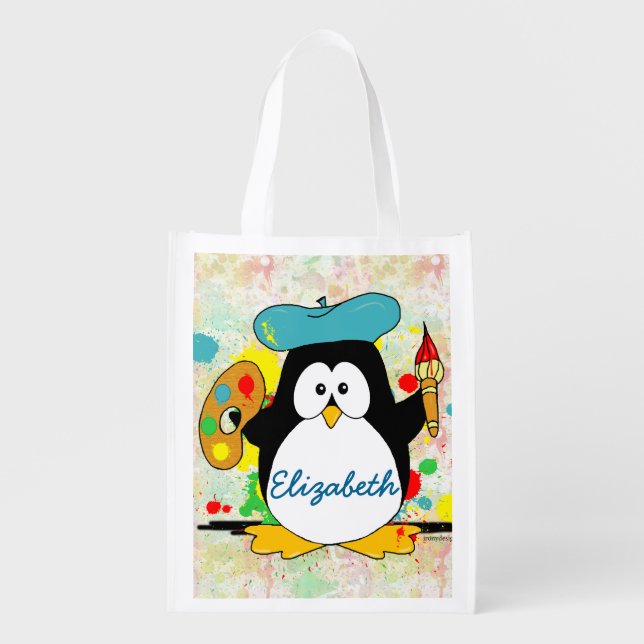 Artistic Penguin Painter Personalize Grocery Bag (Front)