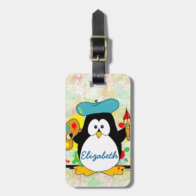Artistic Penguin Painter Personalize Luggage Tag (Front Vertical)