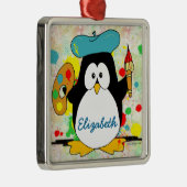 Artistic Penguin Painter Personalize Metal Ornament (Right)