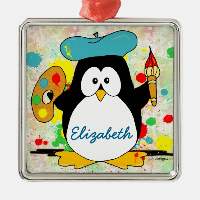Artistic Penguin Painter Personalize Metal Ornament (Front)
