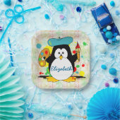 Artistic Penguin Painter Personalize Square Paper Plates (Party)