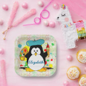 Artistic Penguin Painter Personalize Square Paper Plates (Party)