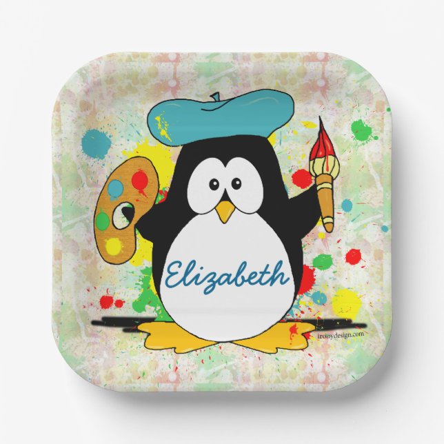 Artistic Penguin Painter Personalize Square Paper Plates (Front)