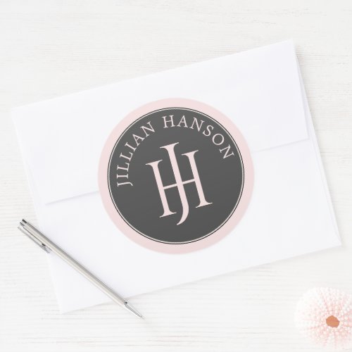 Artistic Personal Monogram Name Logo Blush Pink Classic Round Sticker