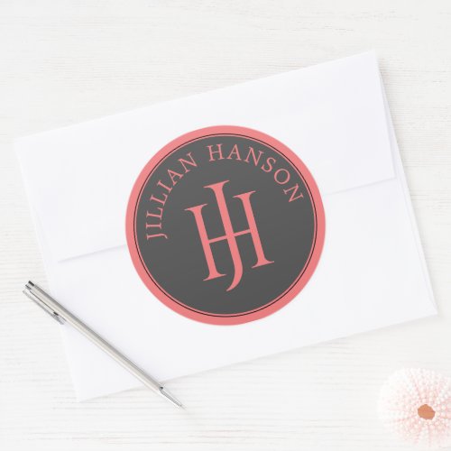 Artistic Personal Monogram Name Logo Coral Pink Classic Round Sticker