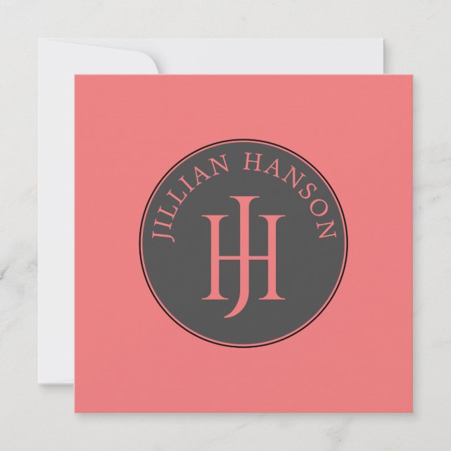 Artistic Personal Monogram Name Logo Coral Pink Note Card (Front)