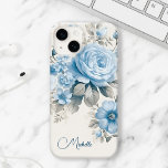 Artistic Personalized Light Pastel Blue Roses Case-Mate iPhone 14 Case<br><div class="desc">Customize this lovely design with your name or monogram. Features pale dusty blue roses,  wildflowers and hydrangea blossoms with light pastel sage foliage on eggshell background.</div>