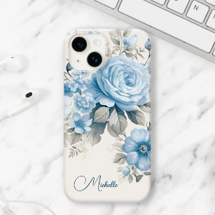 Artistic Personalized Light Pastel Blue Roses Case-Mate iPhone 14 Case