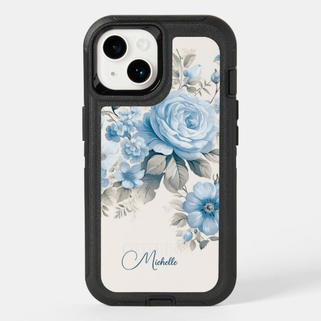 Artistic Personalized Light Pastel Blue Roses Otterbox iPhone Case (Back)