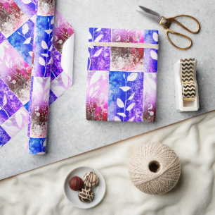Artistic Pink Blue Tiled Leaves Abstract Pattern Wrapping Paper