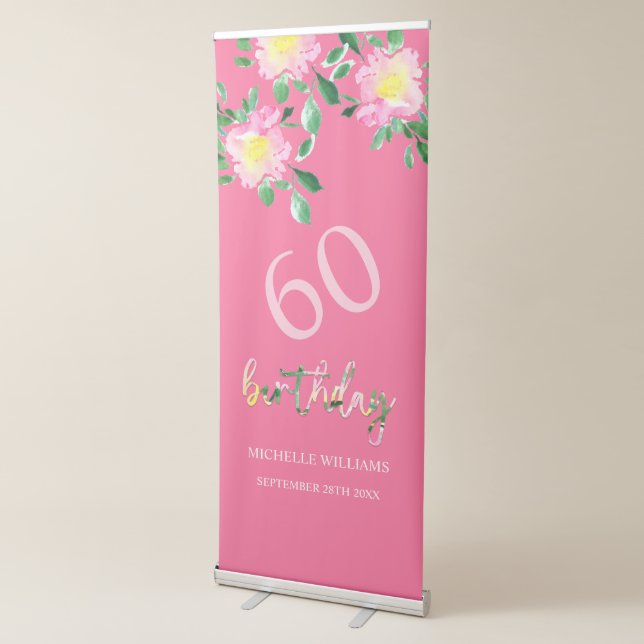 Artistic Pink Floral Tropical Party Watercolor Retractable Banner (3/4)