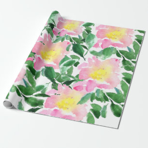 Artistic Pink Green Floral Watercolor Pattern Wrapping Paper