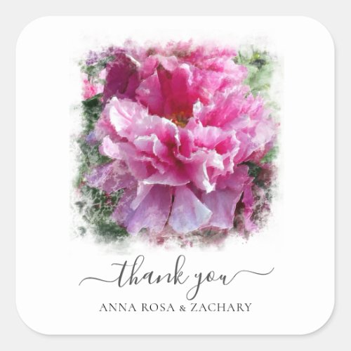  Artistic Pink Peony Floral Thank You AR1 Square Sticker