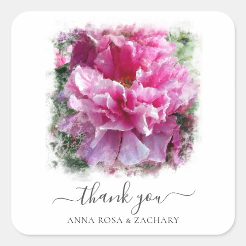 *~* Artistic Pink Peony Floral Thank You AR1 Square Sticker