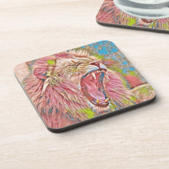 Artistic pink roaring lion beverage coaster (Left Side)