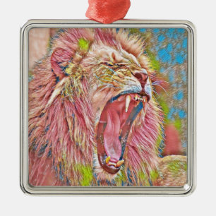 Artistic pink roaring lion metal ornament