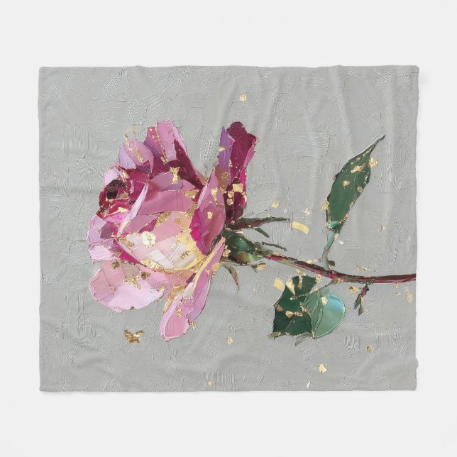 Artistic Pink Rose & Gold Leaf Fleece Blanket (Front (Horizontal))