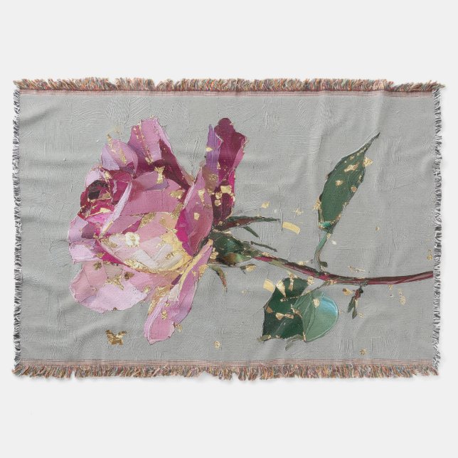 Artistic Pink Rose & Gold Leaf Throw Blanket (Front)