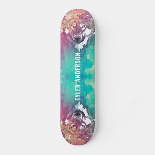 Artistic Pink Turquoise Watercolor Wolf Monogram Skateboard