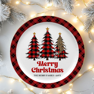 Artistic Plaid Christmas Tree Custom Name Paper   Plates