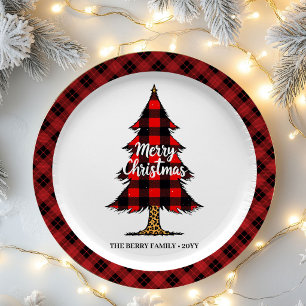Artistic Plaid Tree Family Name Christmas Paper  Plates