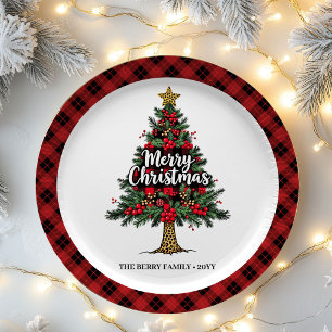 Artistic Plaid Tree Holiday Custom Name Paper Plat Plates