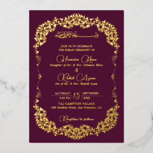 Artistic Plum Gold Floral Paisley Muslim Wedding Foil Invitation