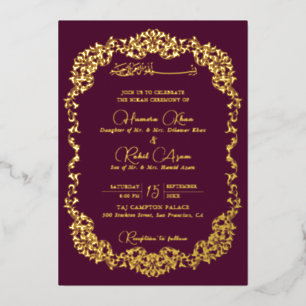 Artistic Plum Gold Floral Paisley Muslim Wedding Foil Invitation