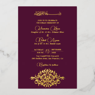 Artistic Plum Gold Floral Paisley Muslim Wedding Foil Invitation