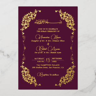 Artistic Plum Gold Floral Paisley Muslim Wedding Foil Invitation