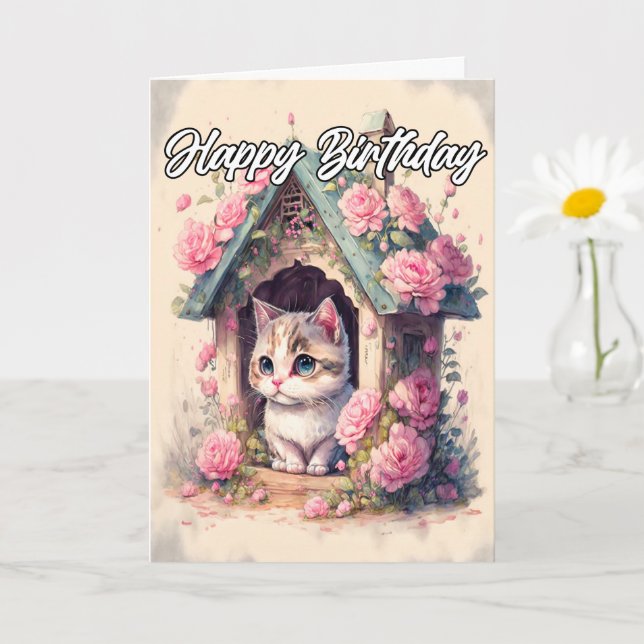 Artistic Posing Baby Kitten Illustration Card (Small Plant)