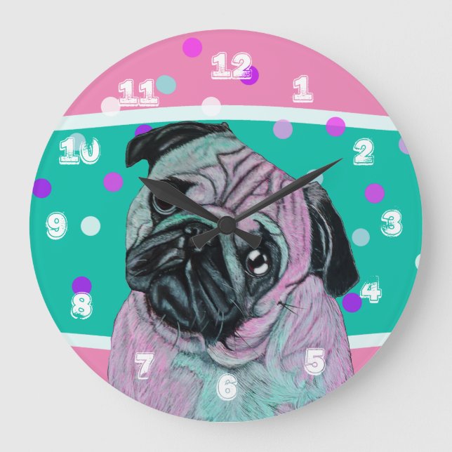 Artistic Pug Dog in pink and green turquoise Large Clock (Front)