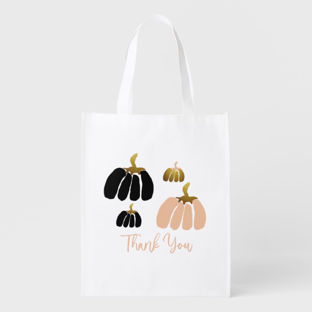 Artistic Pumpkins In Black, Blush White and Gold Grocery Bag (Front)