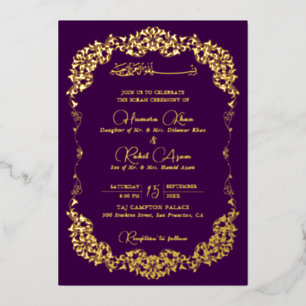 Artistic Purple Gold Floral Paisley Muslim Wedding Foil Invitation