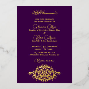 Artistic Purple Gold Floral Paisley Muslim Wedding Foil Invitation