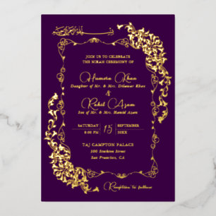 Artistic Purple Gold Floral Paisley Muslim Wedding Foil Invitation