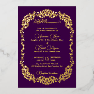 Artistic Purple Gold Floral Paisley Muslim Wedding Foil Invitation
