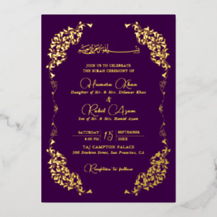 Artistic Purple Gold Floral Paisley Muslim Wedding Foil Invitation