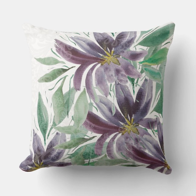 Artistic Purple Green Lotus Watercolor Outdoor Pillow (Front)