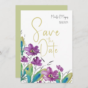 Artistic Purple Turquoise Wildflowers Watercolor Save The Date