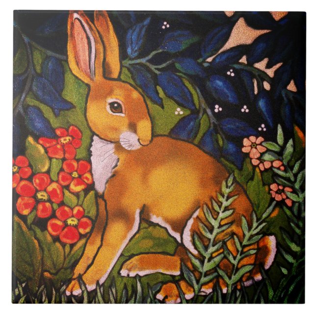 Artistic  Rabbit Hare Forest William Morris Bright Ceramic Tile (Front)