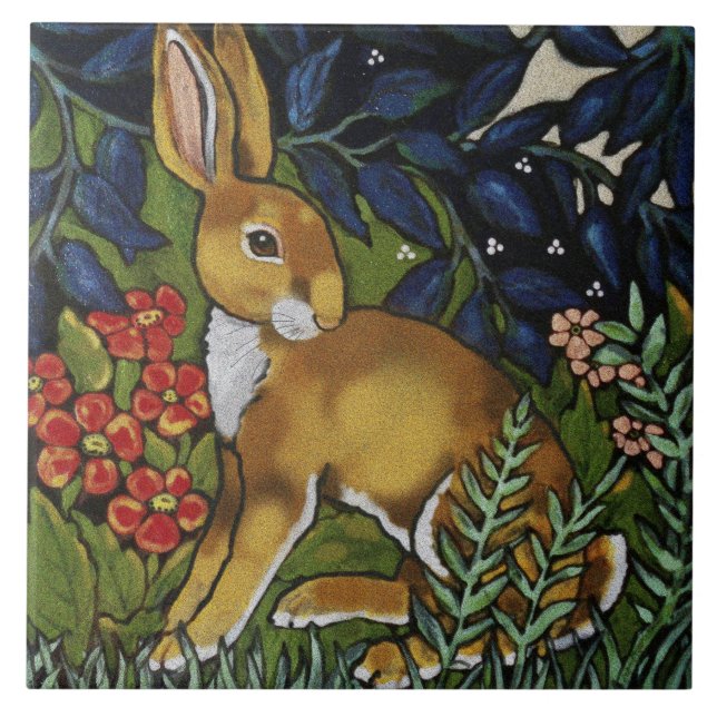 Artistic  Rabbit Hare Forest William Morris Style Ceramic Tile (Front)