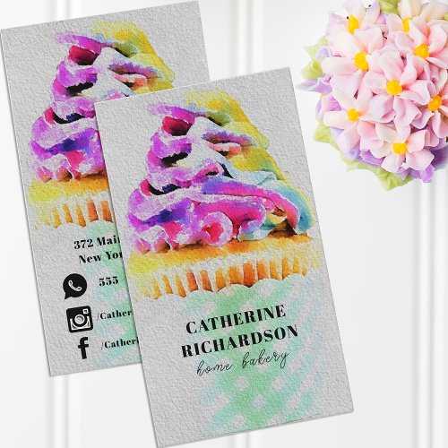 Artistic Rainbow Watercolor Cupcake Home Bakery Business Card