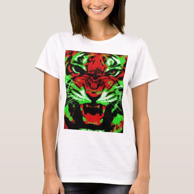Artistic Red and Green Tiger Face Painting T-Shirt (Front)