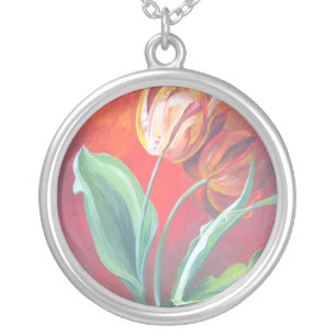 Artistic Red and Yellow Tulips Silver Plated Necklace